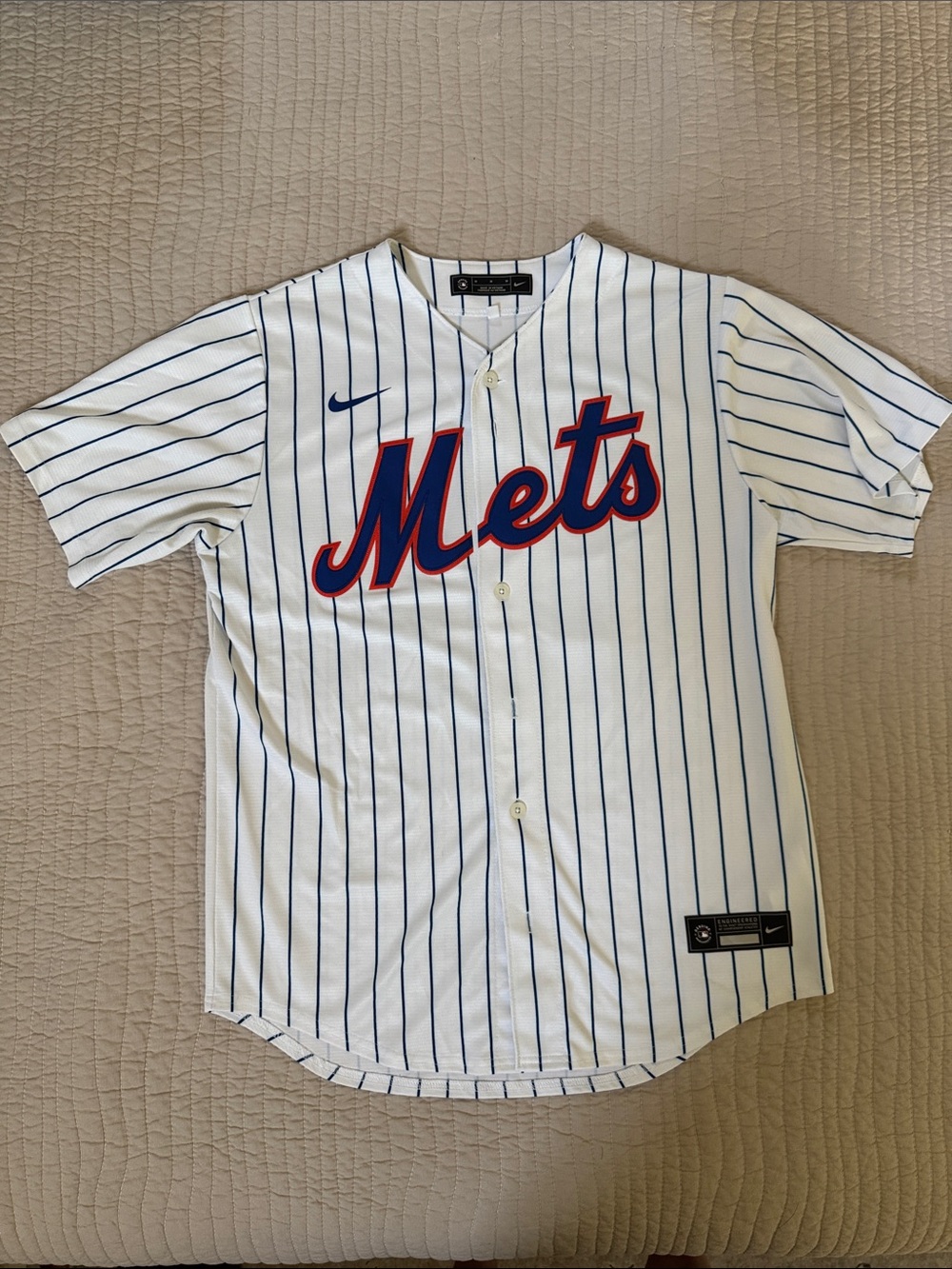 Nike White & Blue New York Mets Pinstripe Baseball Jersey with Orange Accent